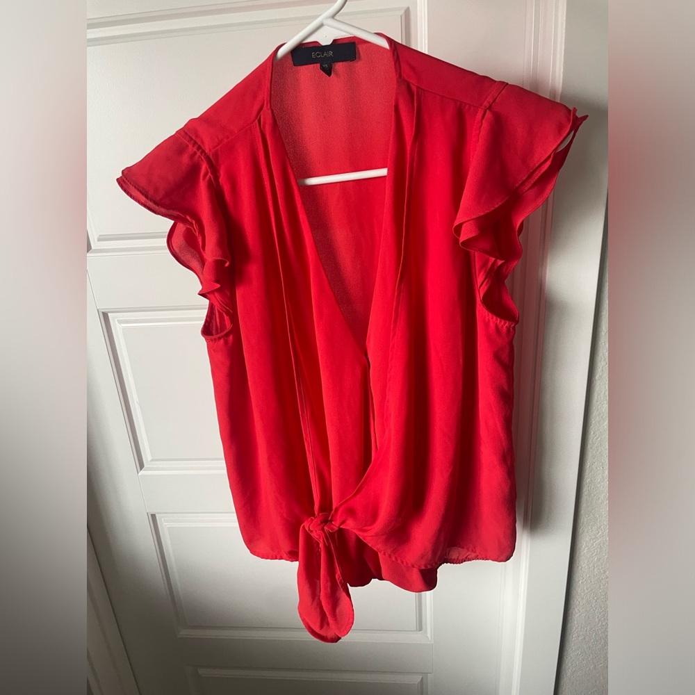 ECLAIR Red Blouse Ruffle Cap Sleeves Waist Tie Size XS Women’s